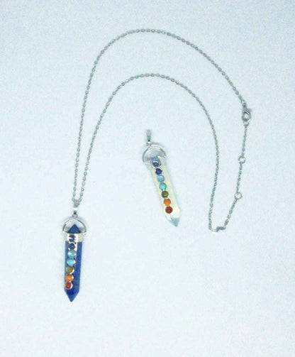 Chakra Stones Pendant Set - Handcrafted 7 Chakra Rose Quartz & Moonstone Wand Necklace with Opalite Earrings