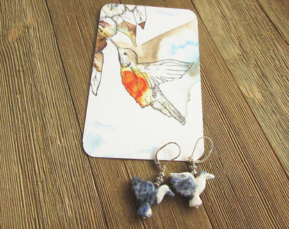 Handmade sodalite earrings with a delicate hummingbird design, ideal for mothers and bird enthusiasts.