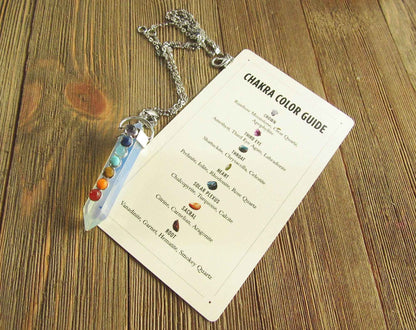 Chakra Stones Pendant Set - Handcrafted 7 Chakra Rose Quartz & Moonstone Wand Necklace with Opalite Earrings