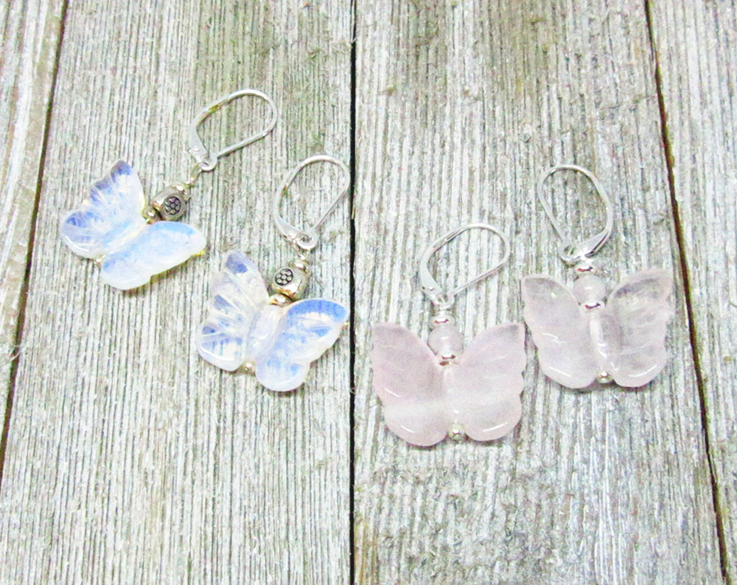 Butterfly earrings - carved shimmering white opalescent jewelry or Pink Rose Quartz option.  Meadow themed. free spirit nature lover gift