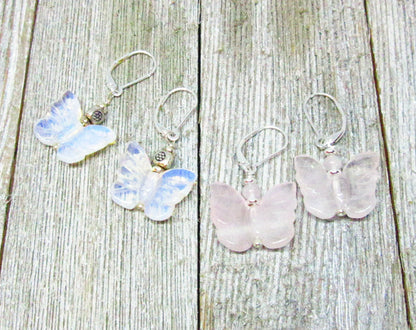 Butterfly earrings carved from shimmering white opalescent jewelry, perfect gift for nature lovers and free spirits.