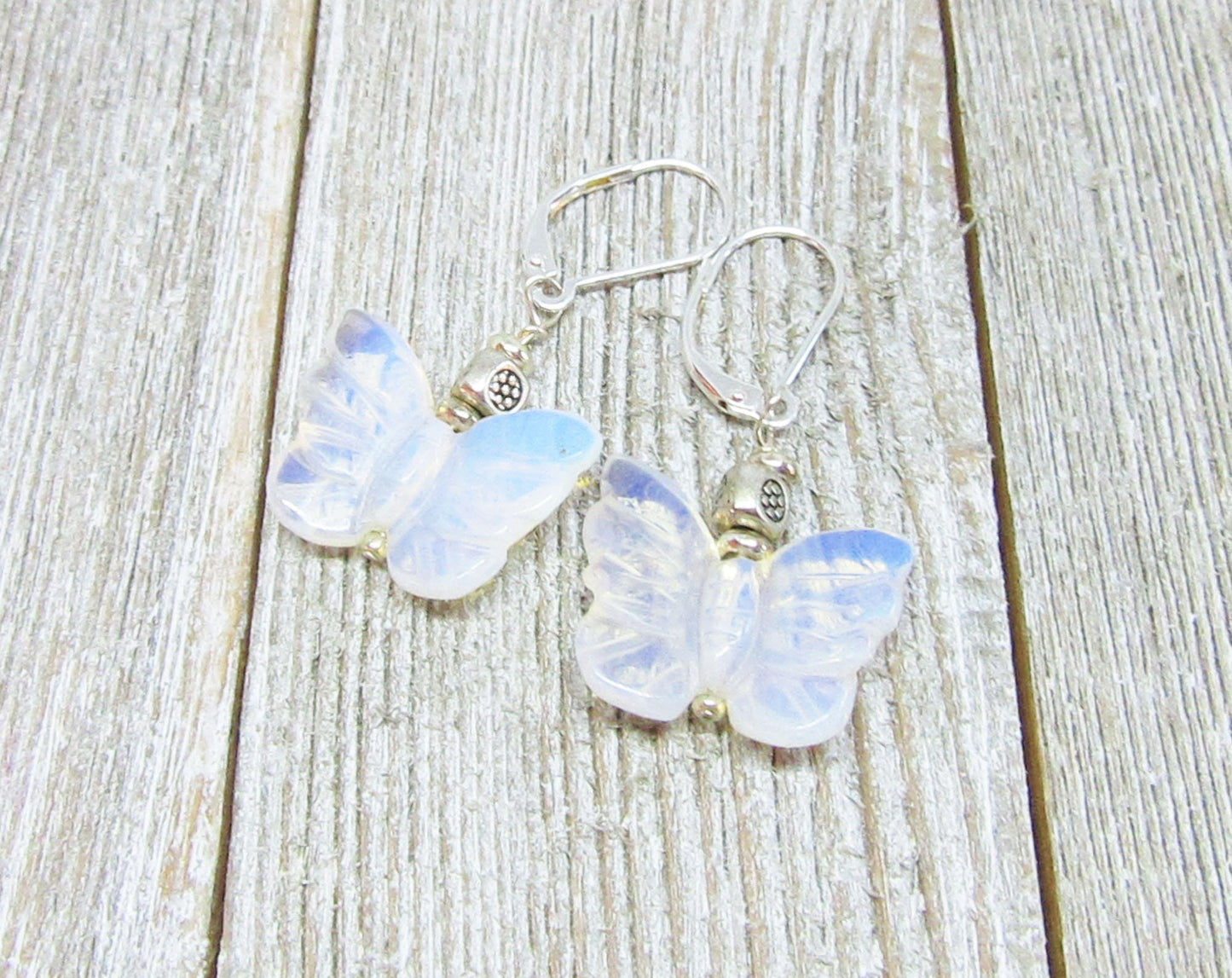 Butterfly earrings - carved shimmering white opalescent jewelry or Pink Rose Quartz option.  Meadow themed. free spirit nature lover gift