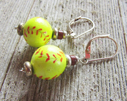 Softball Earrings - Pitch them as a gift - Women's Jewelry showcasing bright green-yellow colors and handmade details.