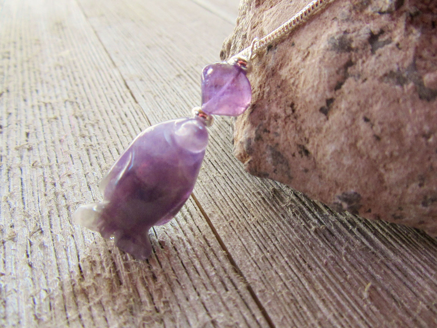 Penguin necklace, amethyst jewelry, purple penguin earrings, funny gift for her, carved stone animal