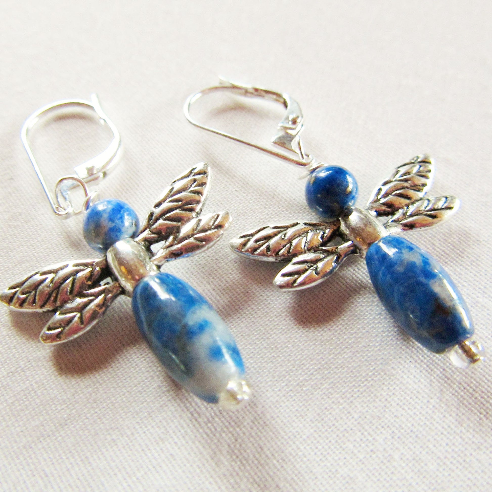 Dragonfly earrings - animal earrings - sodalite jewelry - blue dragonflies jewelry - carved stone earrings - woodland jewelry