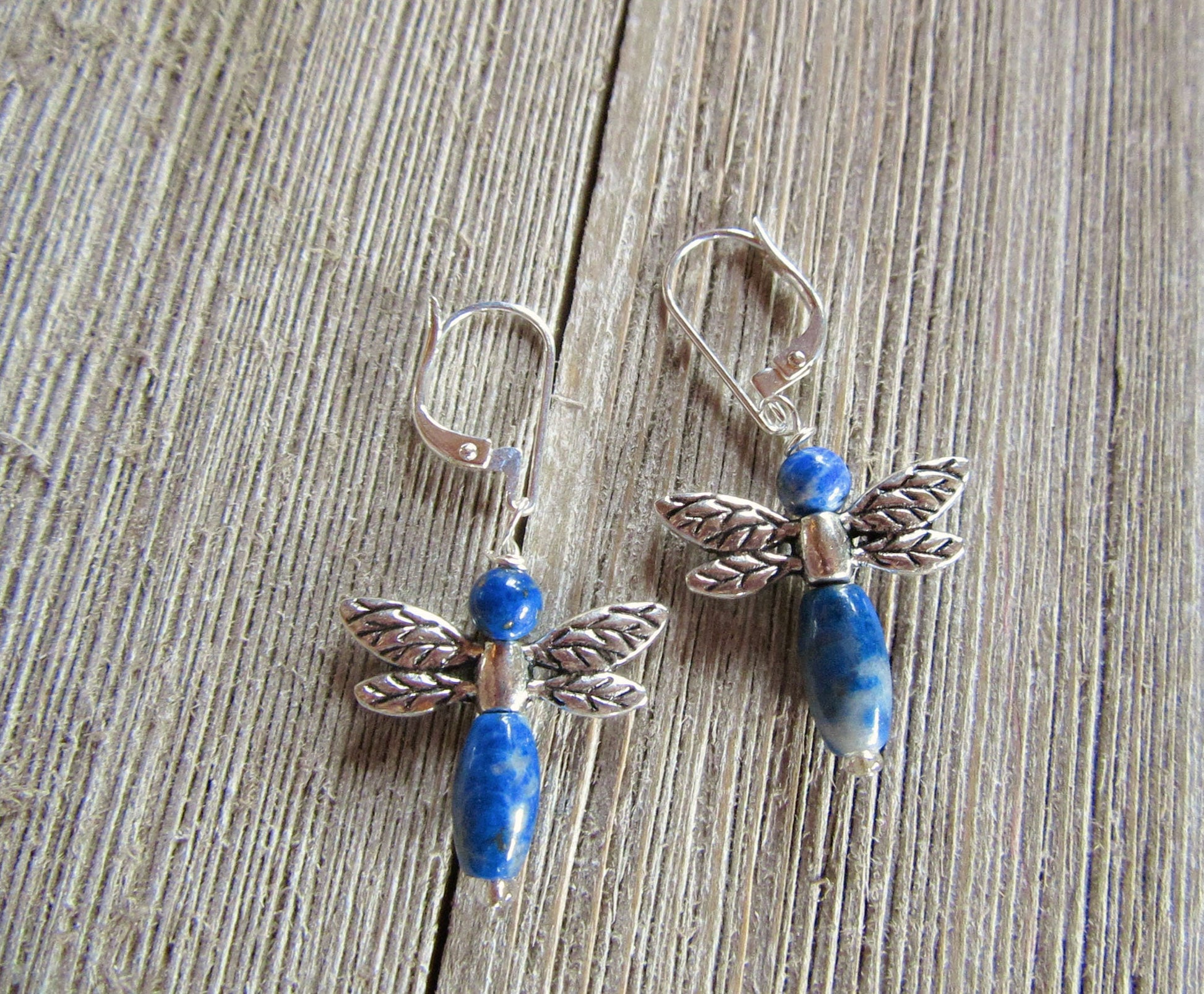 Dragonfly earrings - animal earrings - sodalite jewelry - blue dragonflies jewelry - carved stone earrings - woodland jewelry