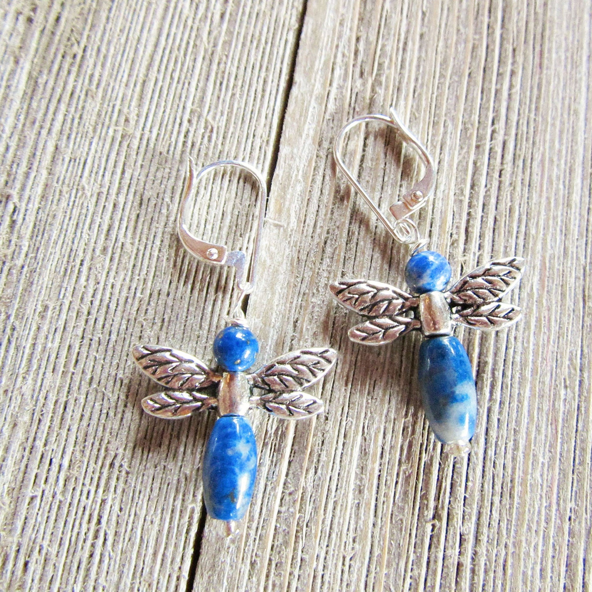 Dragonfly earrings - animal earrings - sodalite jewelry - blue dragonflies jewelry - carved stone earrings - woodland jewelry