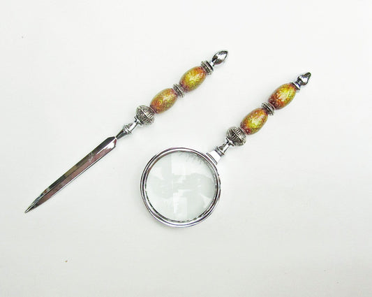 Desk Set Office Decor Gift - Letter Opener, Magnifier, add a Pen. Beaded Handles change color. Mood Beads. Unique gift for your boss