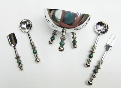 Elegant party serving set including a teaspoon and soft cheese spreader in custom stainless steel design.