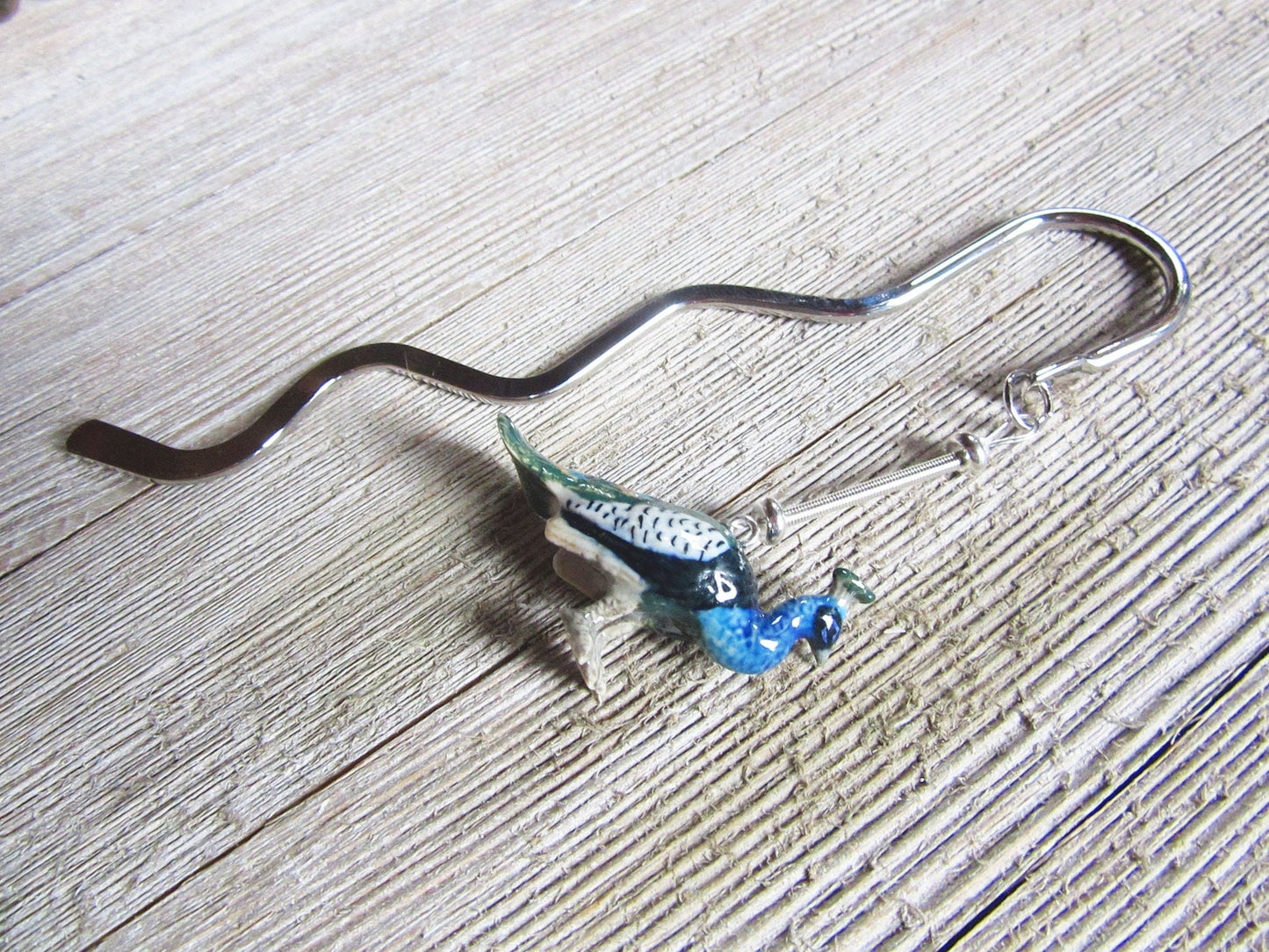 Peacock Bookmark, porcelain figurine, metal bookmarker, Peacock Bird Themed, book lover gift, reader gift, pea fowl