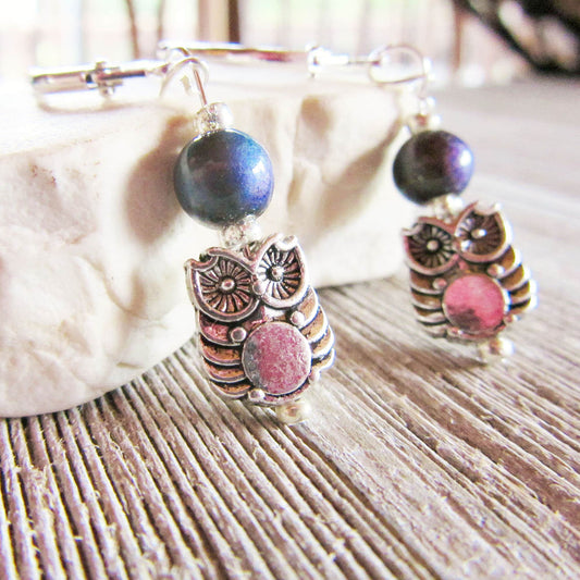 Woodland Owl Earrings gift for wildlife animal enthusiast or birder. Color changing mood bead jewelry, nature lover gift