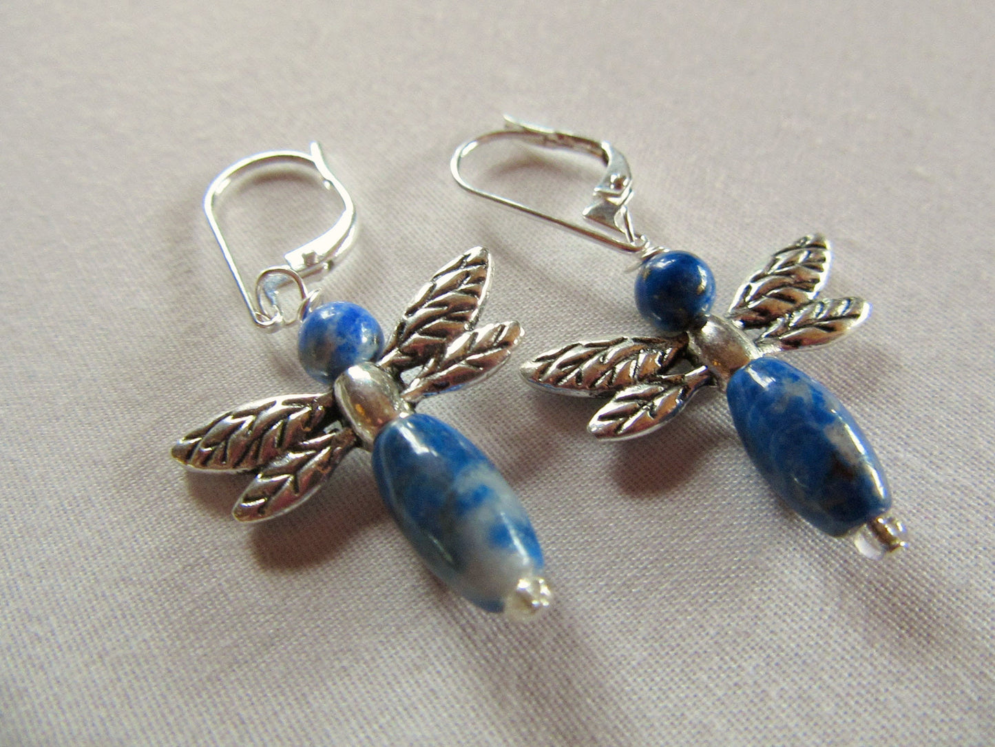 Dragonfly earrings - animal earrings - sodalite jewelry - blue dragonflies jewelry - carved stone earrings - woodland jewelry