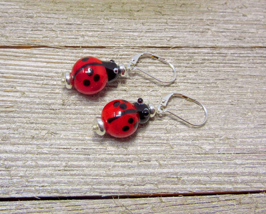 Ladybug earrings of Lampworked Glass, Cute Bug Jewelry, Lady beetle Jewelry, Fun Earrings, Insect Jewelry, Gift for Gardeners and Good Luck