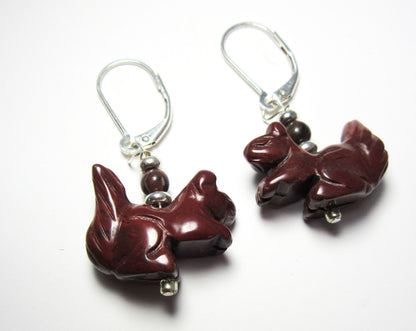 Squirrel Earrings featuring carved stone animal jewelry in hematite and red jasper, ideal gift for squirrel lovers.