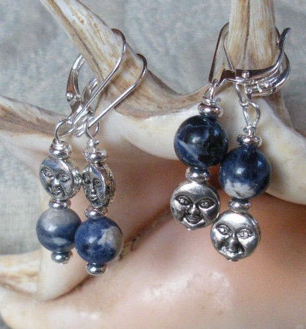 Blue Moon Sodalite Earrings - Celestial Themed Smiling Moon Earrings, Sodalite Orbs, calming self-care jewelry, zen aesthetic, blue stone