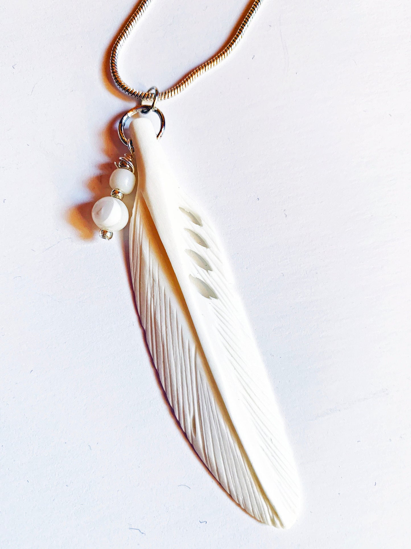 White Feather Necklace, Angel Sign White Feather Pendant, carved bone and mother of pearl calming jewelry, gift for friend, remembrance gift