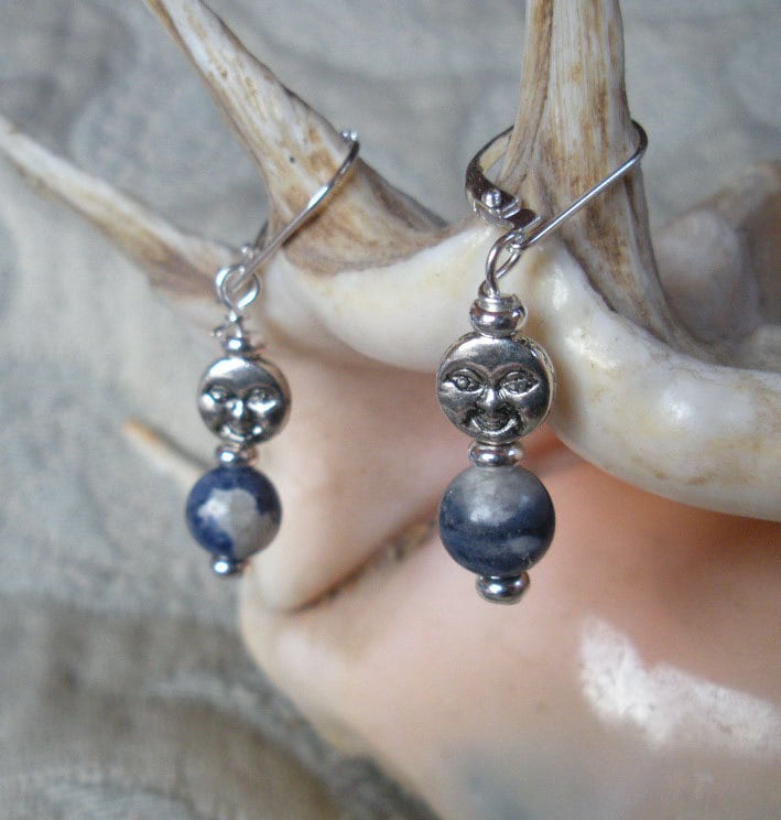 Blue Moon Sodalite Earrings - Celestial Themed Smiling Moon Earrings, Sodalite Orbs, calming self-care jewelry, zen aesthetic, blue stone