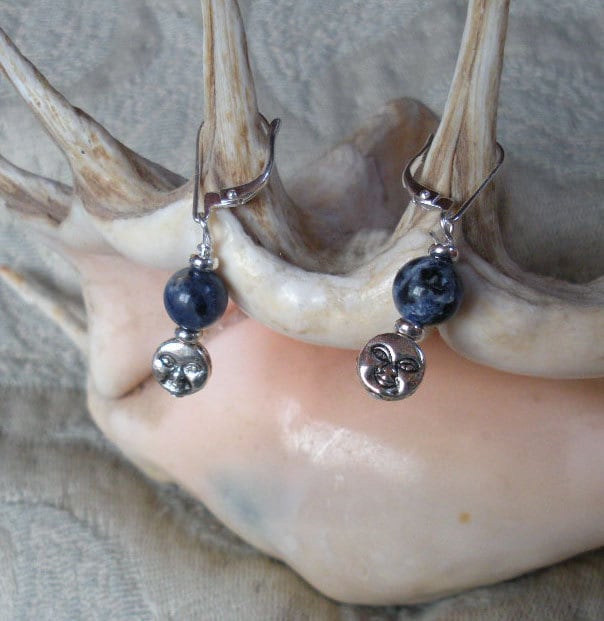 Blue Moon Sodalite Earrings - Celestial Themed Smiling Moon Earrings, Sodalite Orbs, calming self-care jewelry, zen aesthetic, blue stone