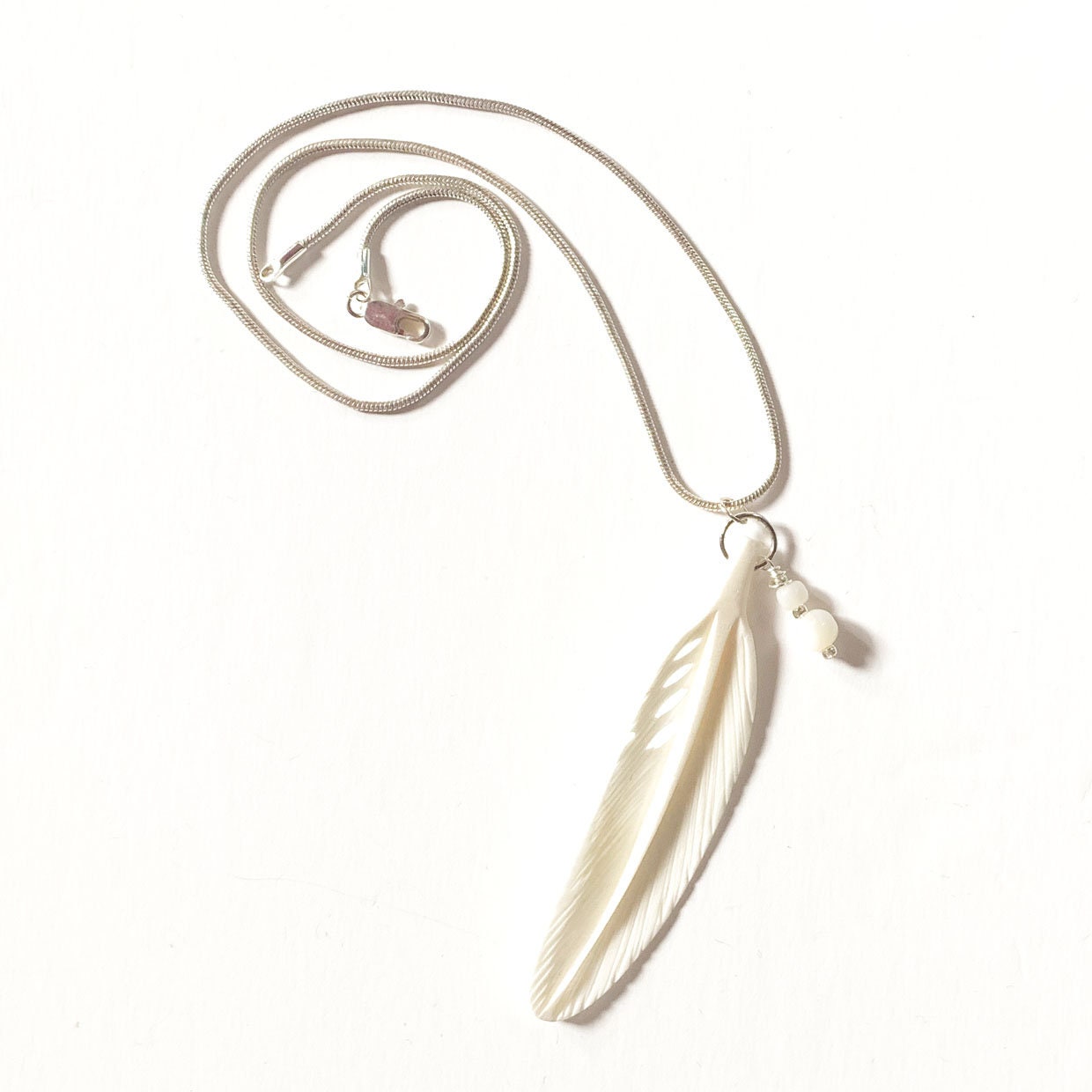 White Feather Necklace, Angel Sign White Feather Pendant, carved bone and mother of pearl calming jewelry, gift for friend, remembrance gift