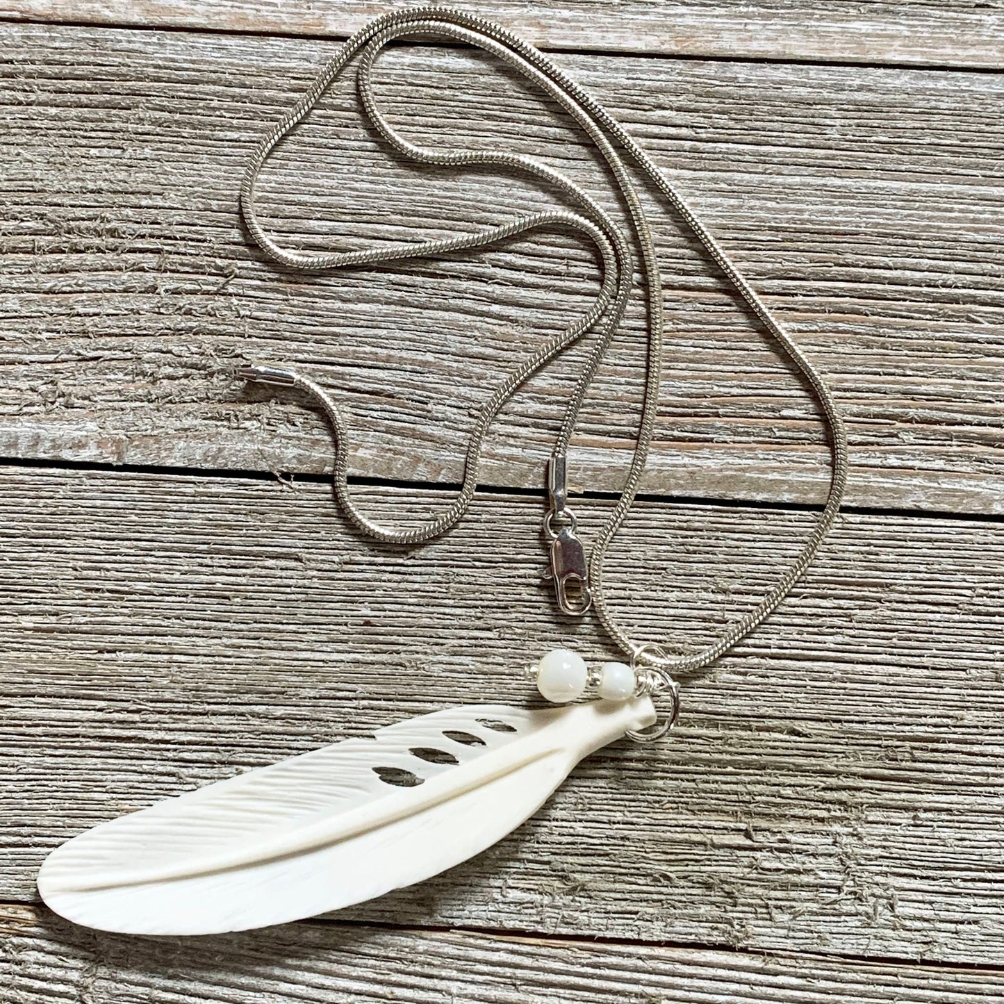 White Feather Necklace, Angel Sign White Feather Pendant, carved bone and mother of pearl calming jewelry, gift for friend, remembrance gift