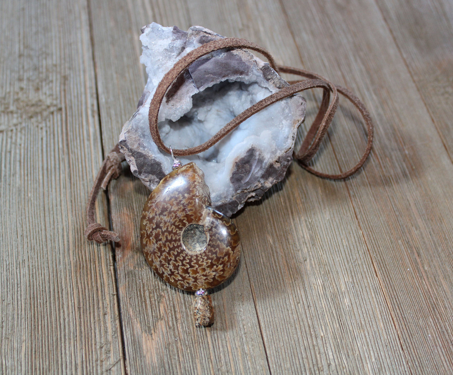 Ammonite fossil partner jewelry, soulmate necklace set, fossil stone with opalescent bands pendant