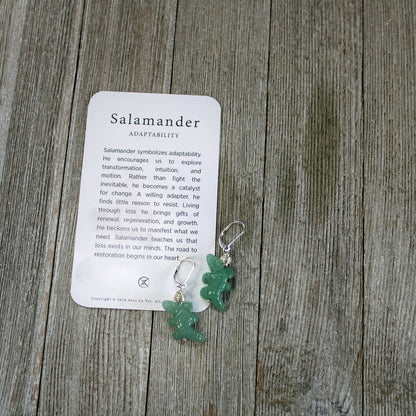 Close-up of Lizard Earrings showcasing the detailed carved aventurine green lizard design, ideal for herpetologists and reptile enthusiasts.