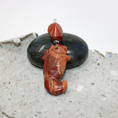 Unique SEA HORSE PENDANT - Rainbow Jasper Carved Animal Necklace, an exquisite gift for seahorse enthusiasts.