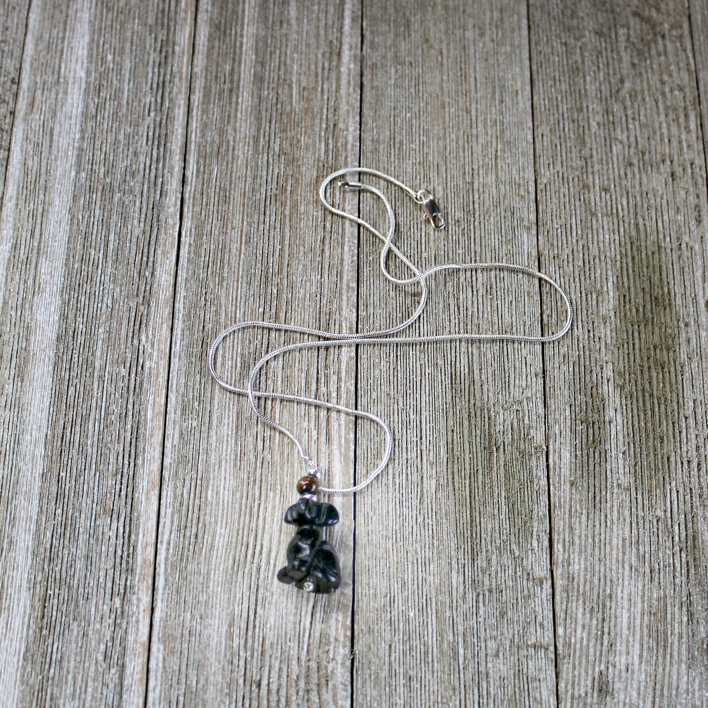 Dog Necklace - black lab look carved stone dog with color change topper bead, great gift for teens and girls who love their black pup woof