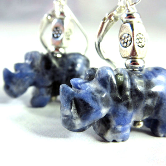 Rhinoceros earrings in blue stone sodalite  -rhino jewelry, sterling silver ear wires, blue stone, stone for honesty, carved animal gift