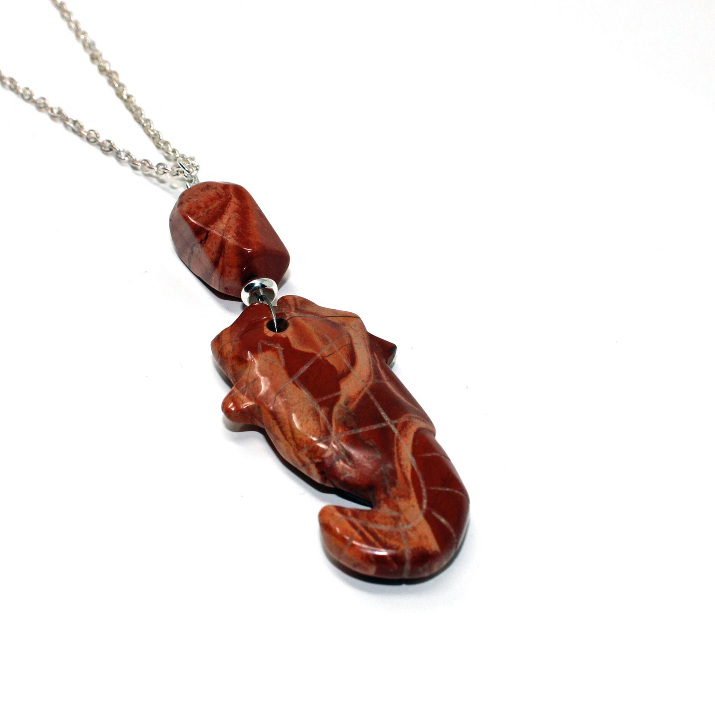 SEA HORSE PENDANT - Red Jasper Seahorse Jewelry -  Unisex Necklace - Rainbow Jasper Carved Animal - Aquarist Gift