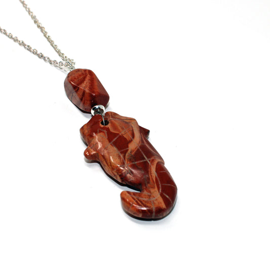 SEA HORSE PENDANT - Red Jasper Seahorse Jewelry -  Unisex Necklace - Rainbow Jasper Carved Animal - Aquarist Gift