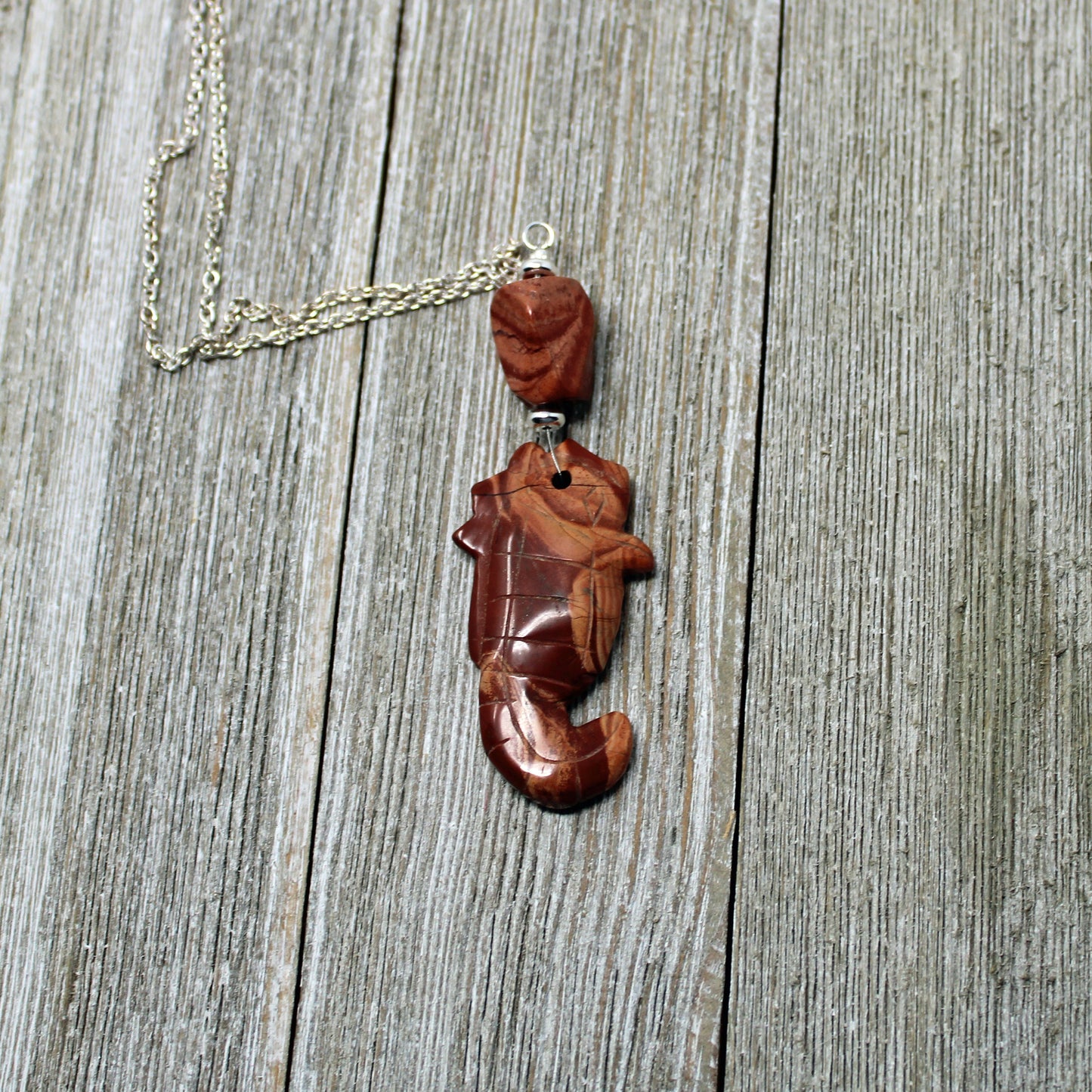 SEA HORSE PENDANT - Red Jasper Seahorse Jewelry -  Unisex Necklace - Rainbow Jasper Carved Animal - Aquarist Gift