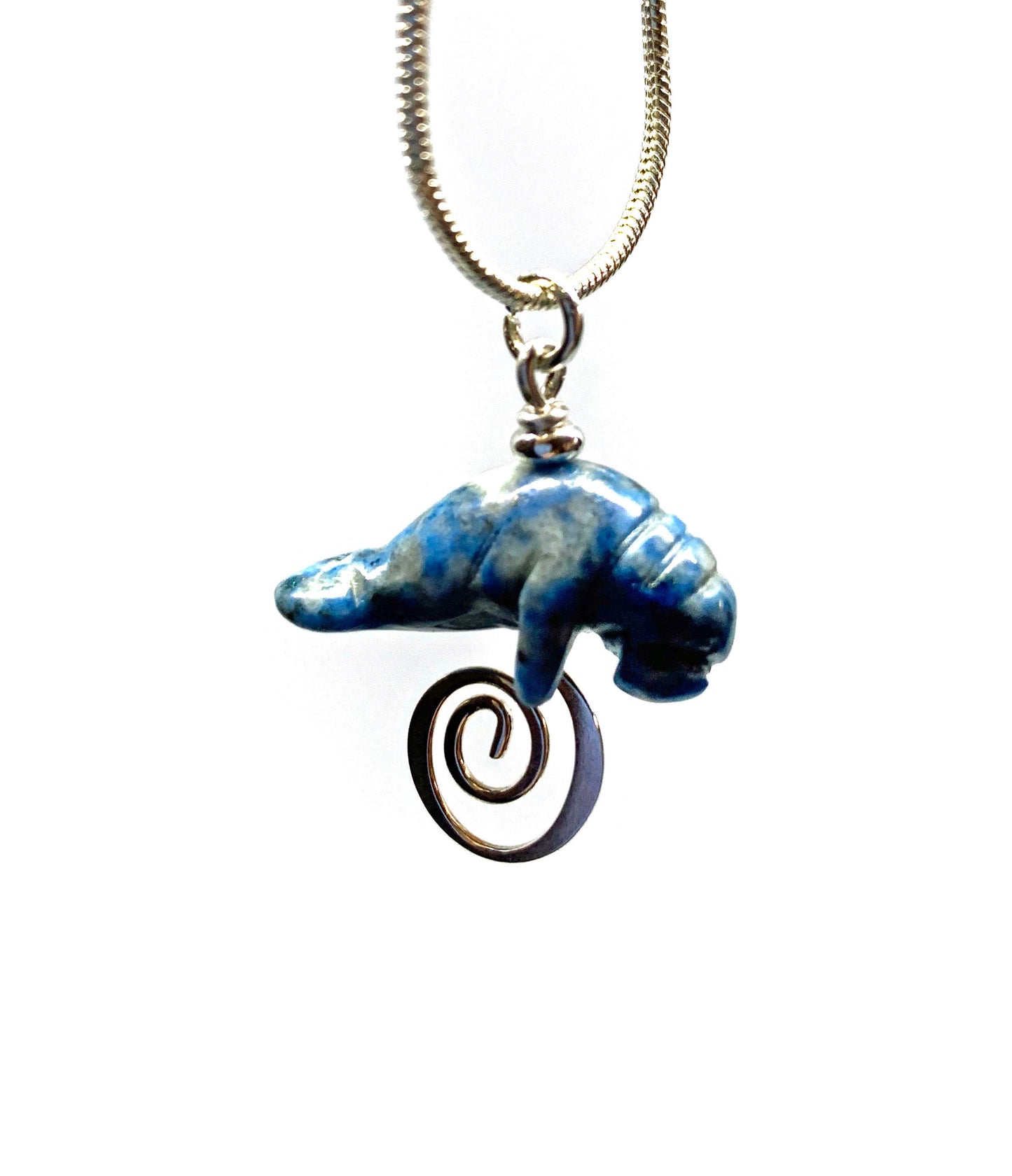 Manatee Blue Necklace  - Animal Pendant - Carved Stone Sodalite  - Beach Lover Jewelry - Silver Snake Chain - Cute Animal Gift