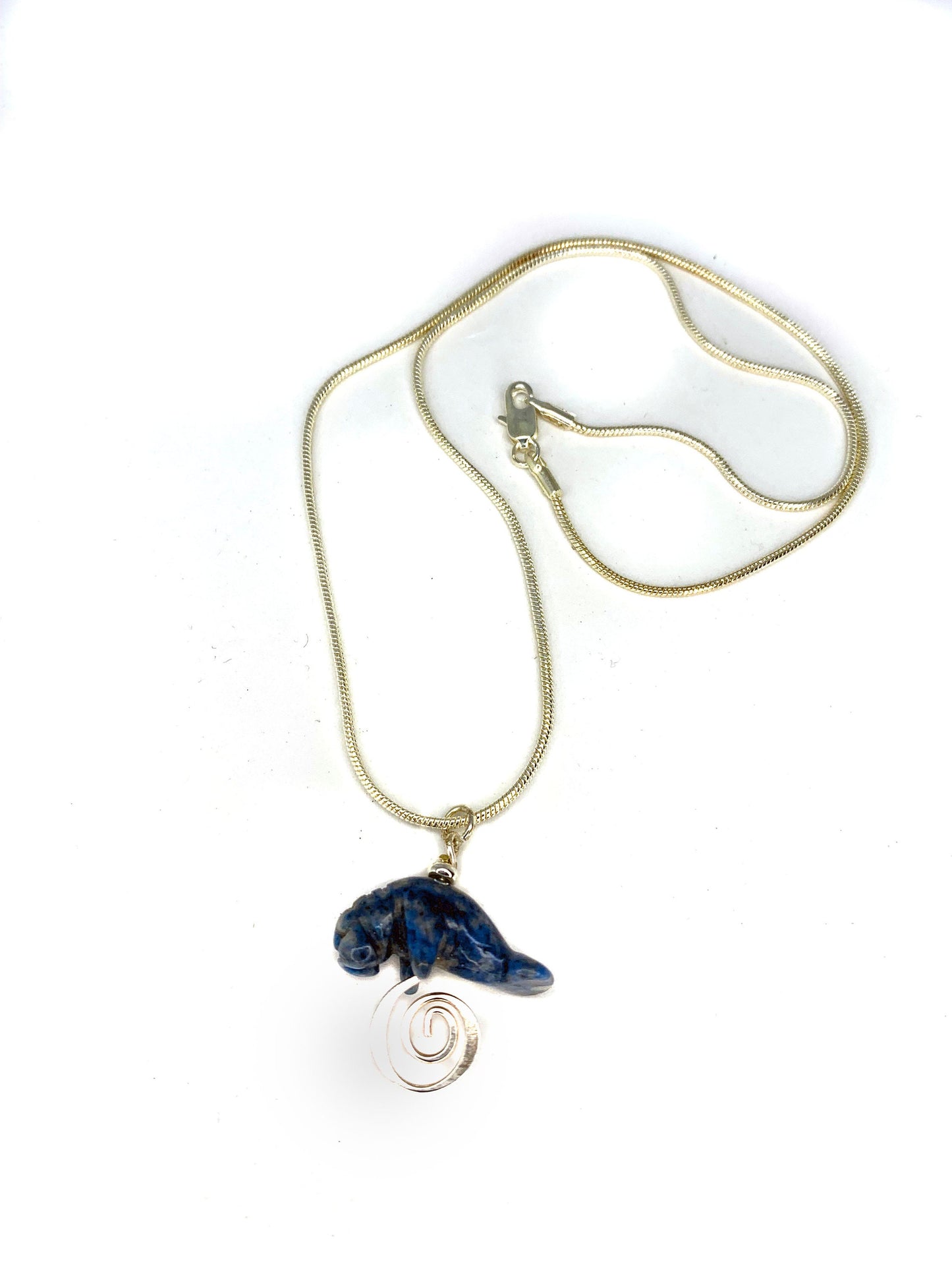 Manatee Blue Necklace  - Animal Pendant - Carved Stone Sodalite  - Beach Lover Jewelry - Silver Snake Chain - Cute Animal Gift