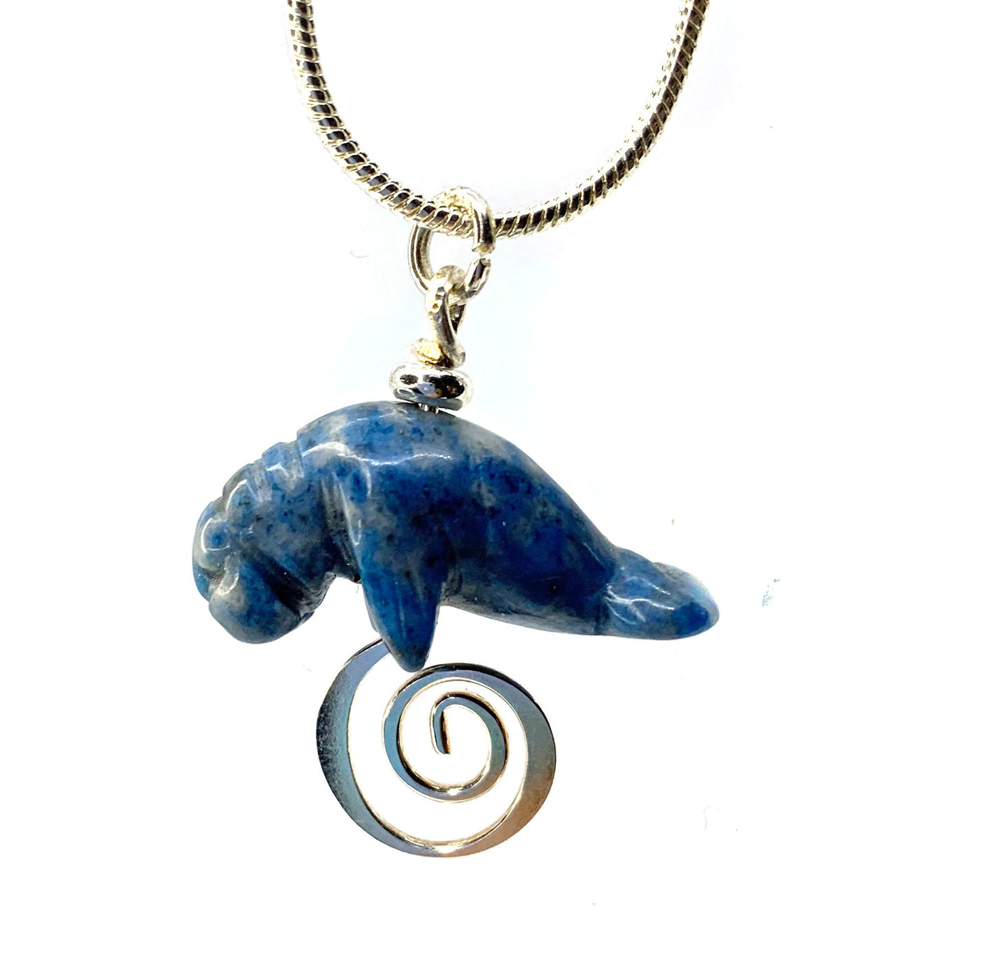 Manatee Blue Necklace  - Animal Pendant - Carved Stone Sodalite  - Beach Lover Jewelry - Silver Snake Chain - Cute Animal Gift