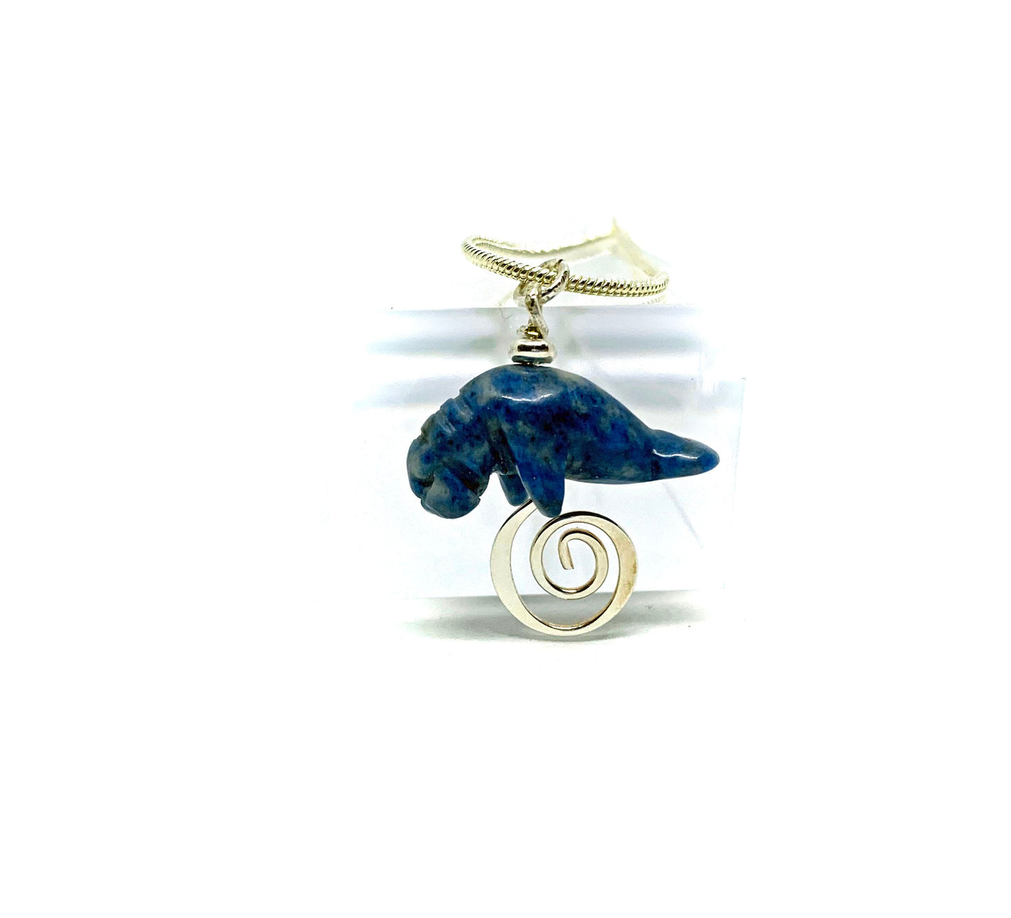 Manatee Blue Necklace  - Animal Pendant - Carved Stone Sodalite  - Beach Lover Jewelry - Silver Snake Chain - Cute Animal Gift