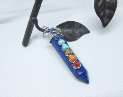 Chakra Stones Pendant Set - Handcrafted 7 Chakra Rose Quartz & Moonstone Wand Necklace with Opalite Earrings