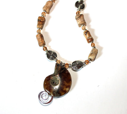 Soulmate necklace set with large ammonite fossil pendant and faceted jasper accent bead.