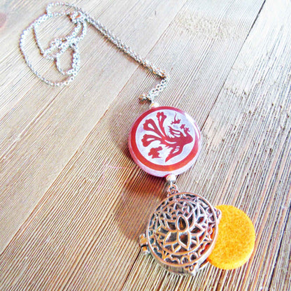 Dragon & Peacock Etched Carnelian Aromatherapy Jewelry Gifts - Essential Oil Diffuser Necklace