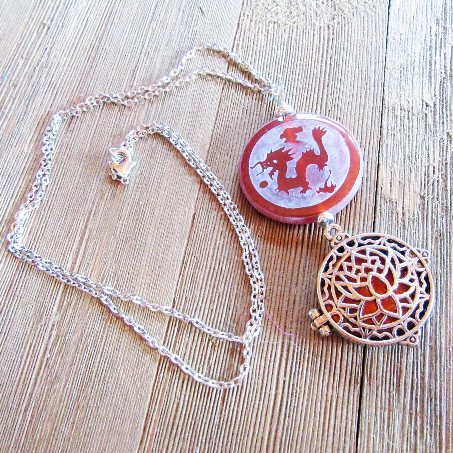 Peacock and Dragon Etched Carnelian Jewelry - essential oil locket, aromatherapy necklace. diffuser jewelry, lotus zen style aesthetic gift