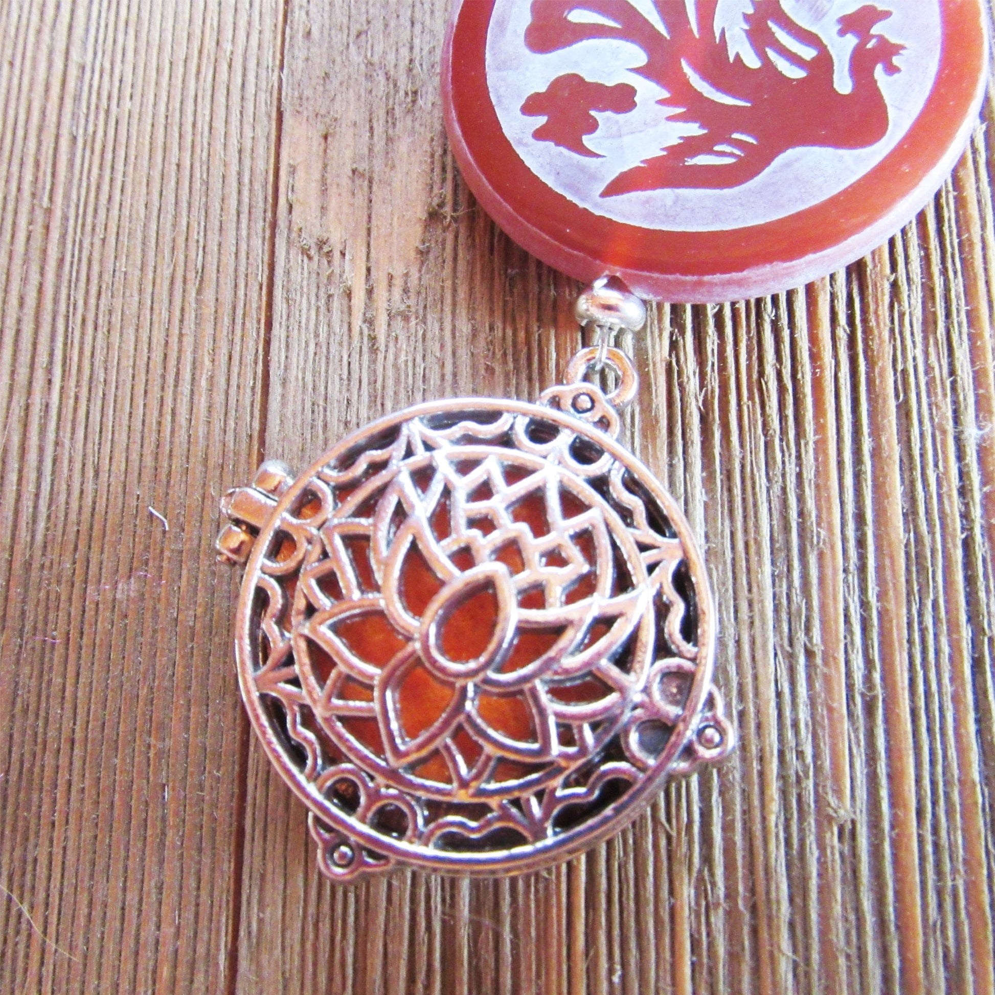 DRAGON & PEACOCK Etched Carnelian Jewelry - essential oil locket, aromatherapy essential oils diffuser necklace, lotus transforming power