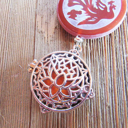 Dragon & Peacock Etched Carnelian Aromatherapy Jewelry Gifts - Essential Oil Diffuser Necklace