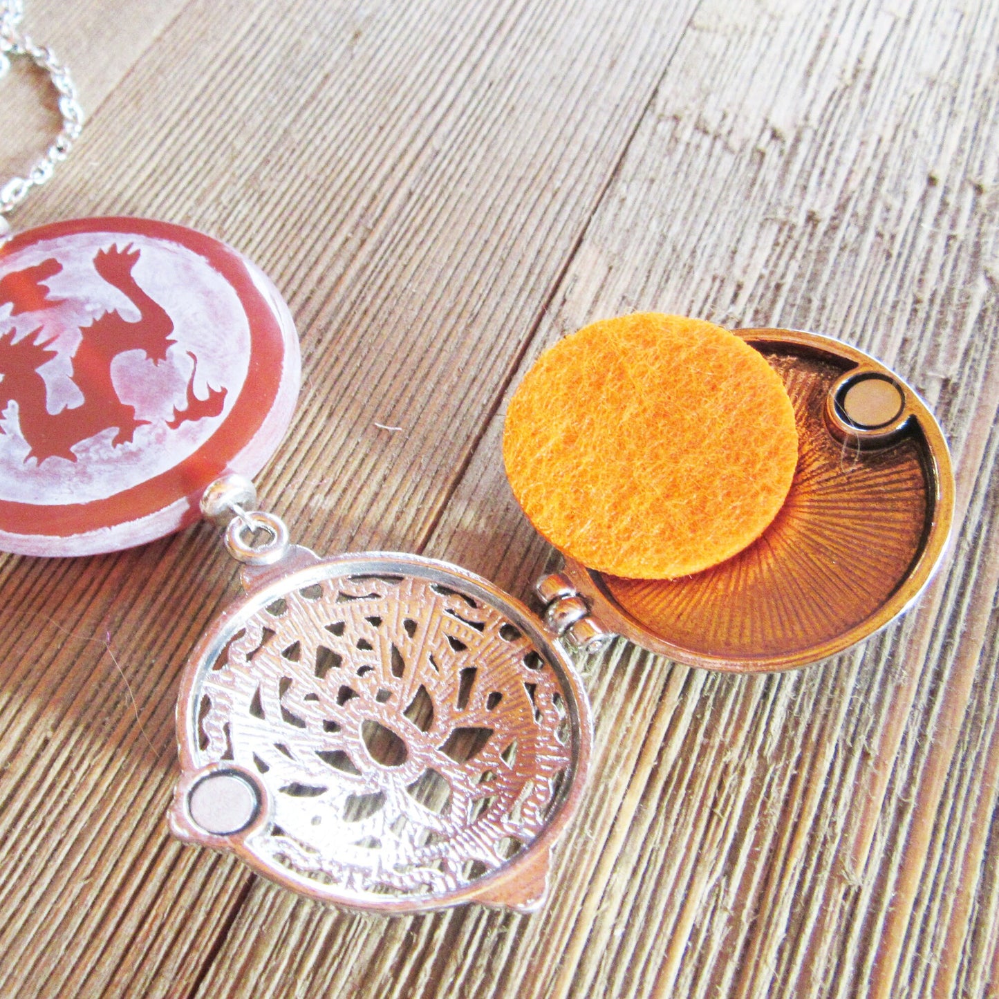 DRAGON & PEACOCK Etched Carnelian Jewelry - essential oil locket, aromatherapy essential oils diffuser necklace, lotus transforming power