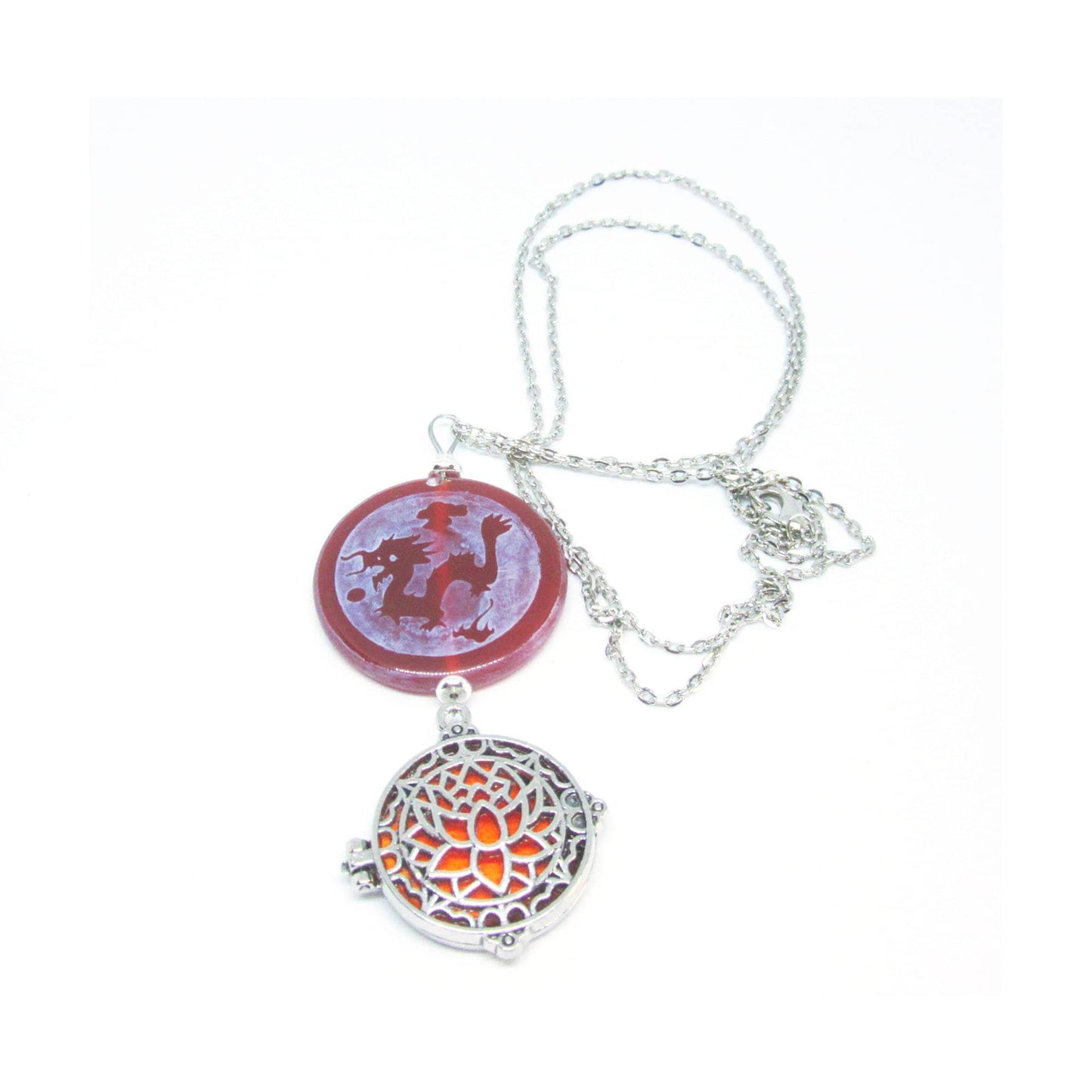 DRAGON & PEACOCK Etched Carnelian Jewelry - essential oil locket, aromatherapy essential oils diffuser necklace, lotus transforming power