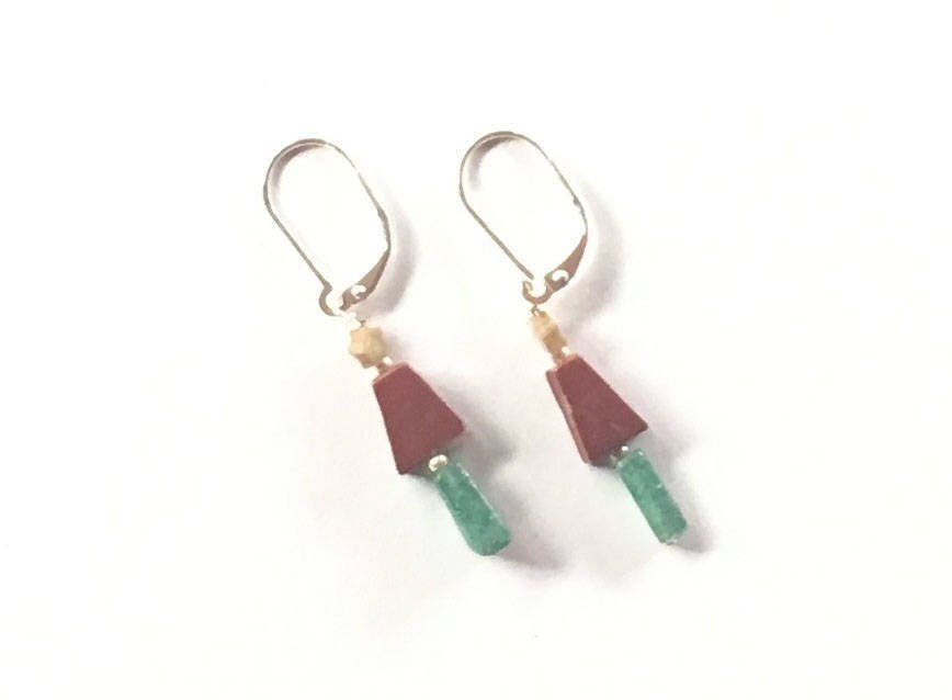 Christmas Tree Earrings - Minimalist Green Red Jasper Stone Tree Jewelry  - Xmas Jewelry - Primitive Holiday Earrings