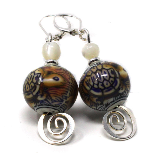 Magic Turtle Earrings - Tortoise Motif color change jewelry, Silver Swirl Dangle, Mother of Pearl Topper Bead, Fun gift for herpetologist