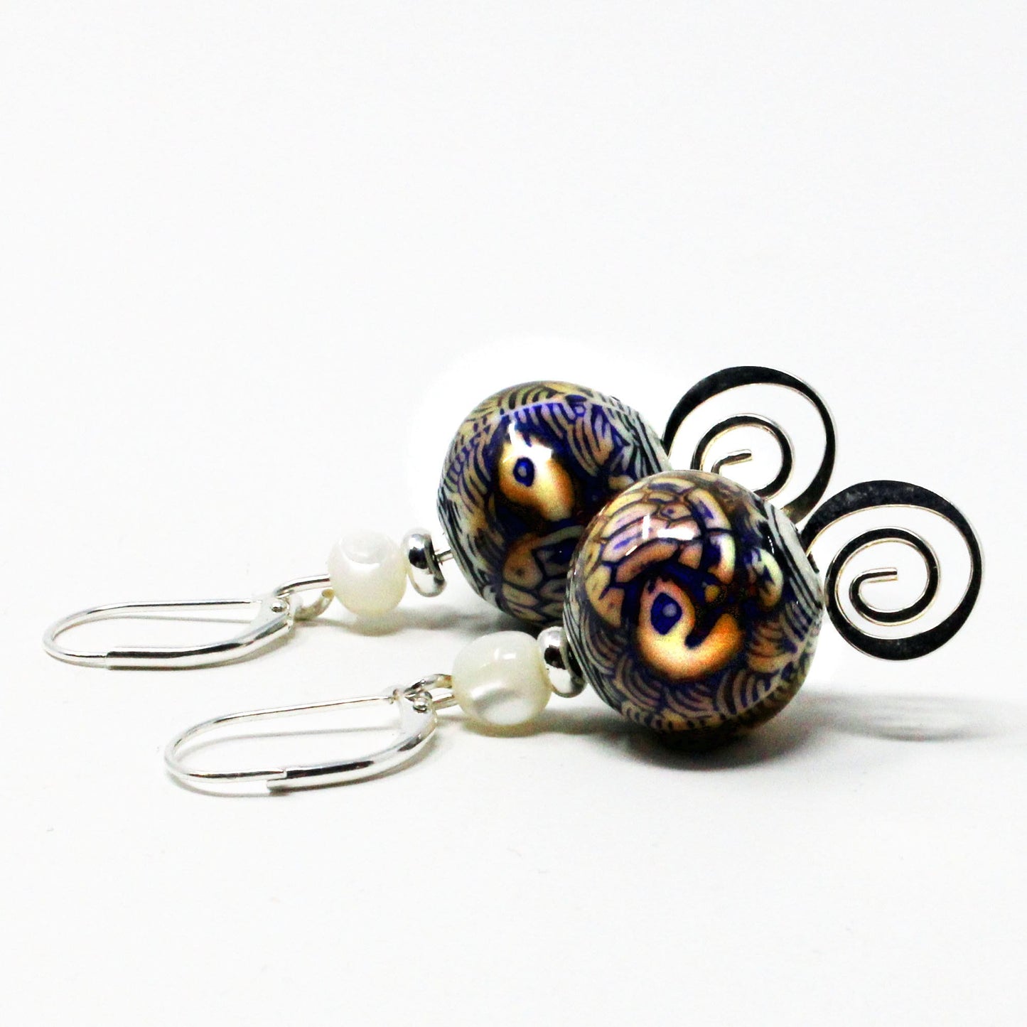 TURTLE EARRINGS - Tortoise Motif color change jewelry, Silver Swirl Dangle, Mother of Pearl Topper Bead, Magic Dangle Earrings