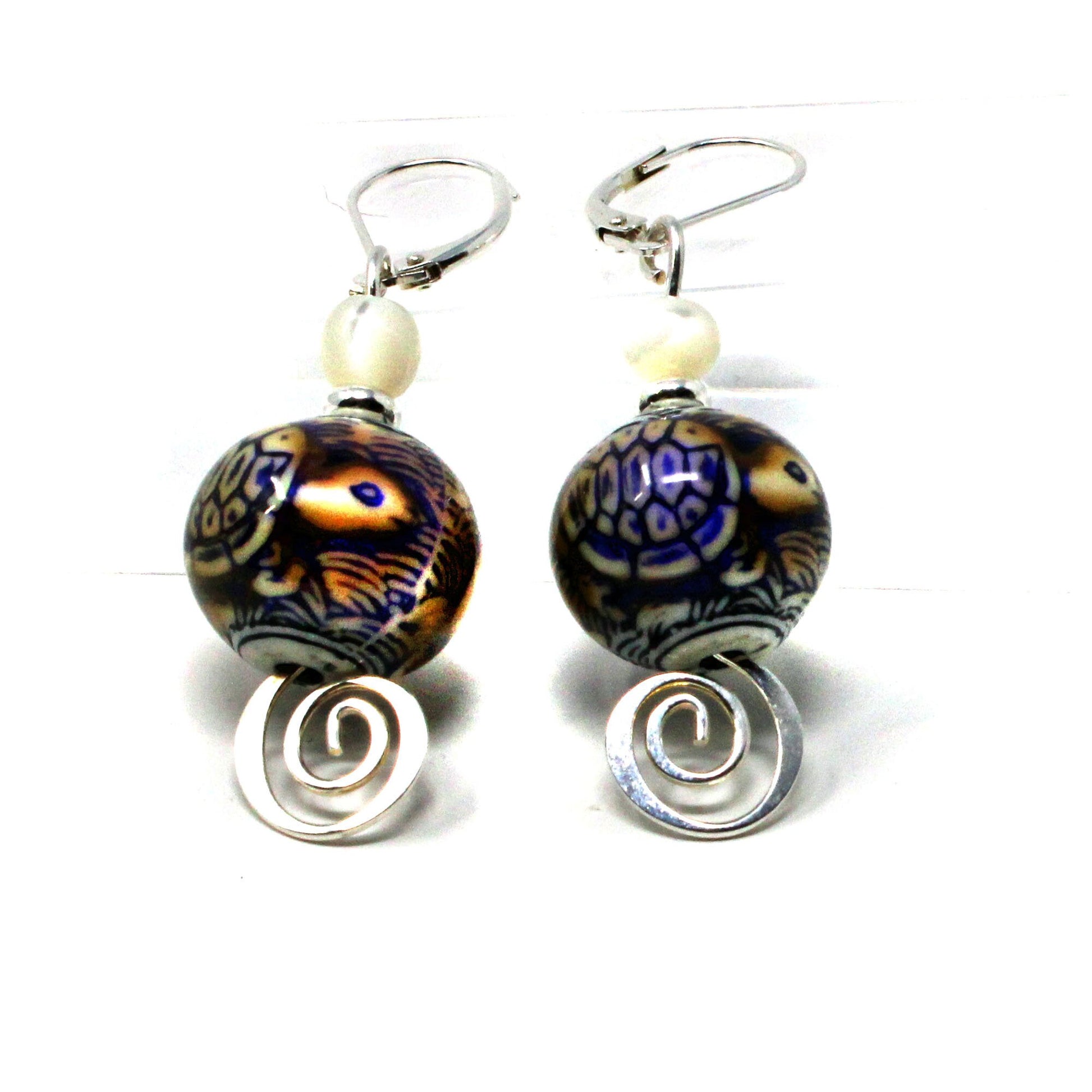 TURTLE EARRINGS - Tortoise Motif color change jewelry, Silver Swirl Dangle, Mother of Pearl Topper Bead, Magic Dangle Earrings