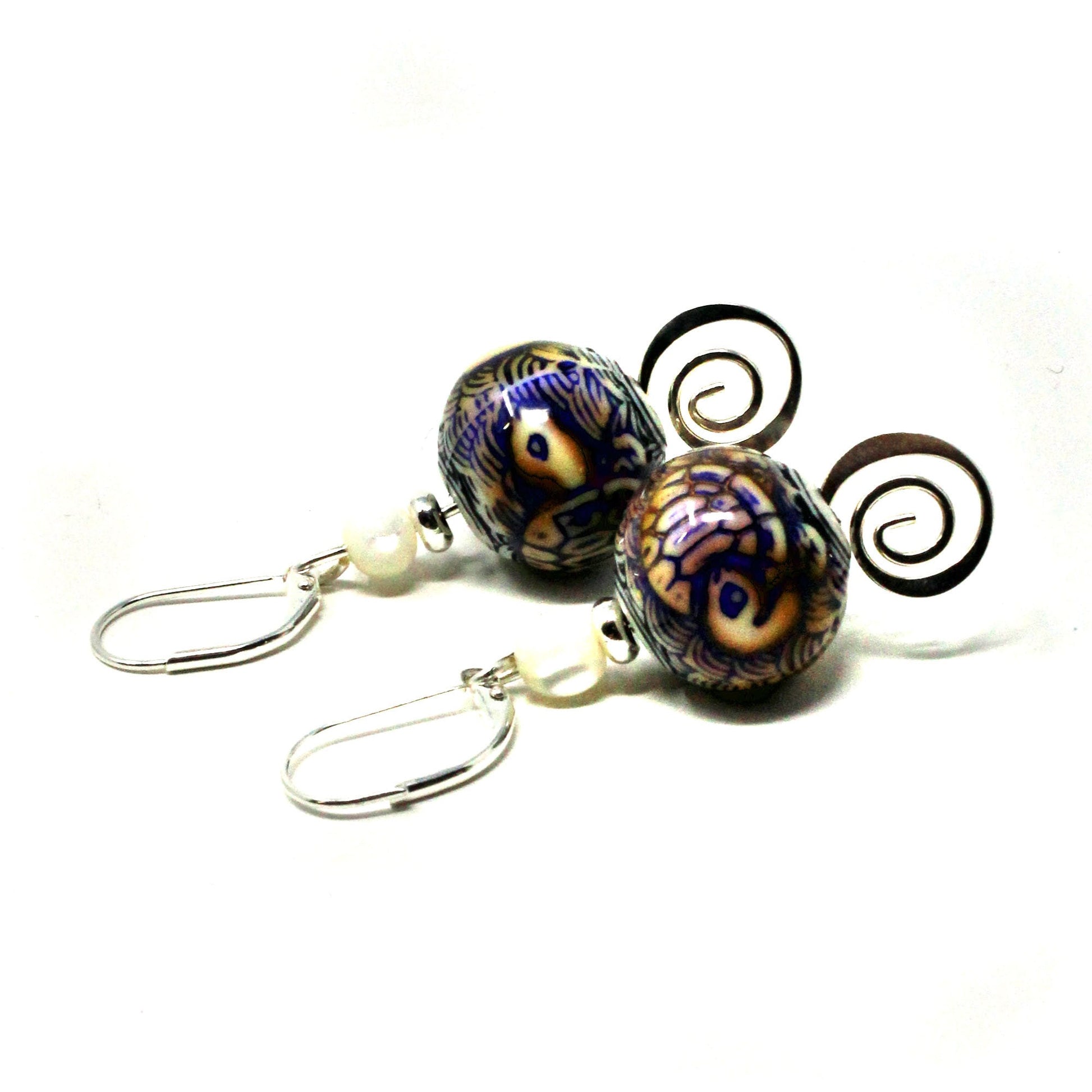 TURTLE EARRINGS - Tortoise Motif color change jewelry, Silver Swirl Dangle, Mother of Pearl Topper Bead, Magic Dangle Earrings