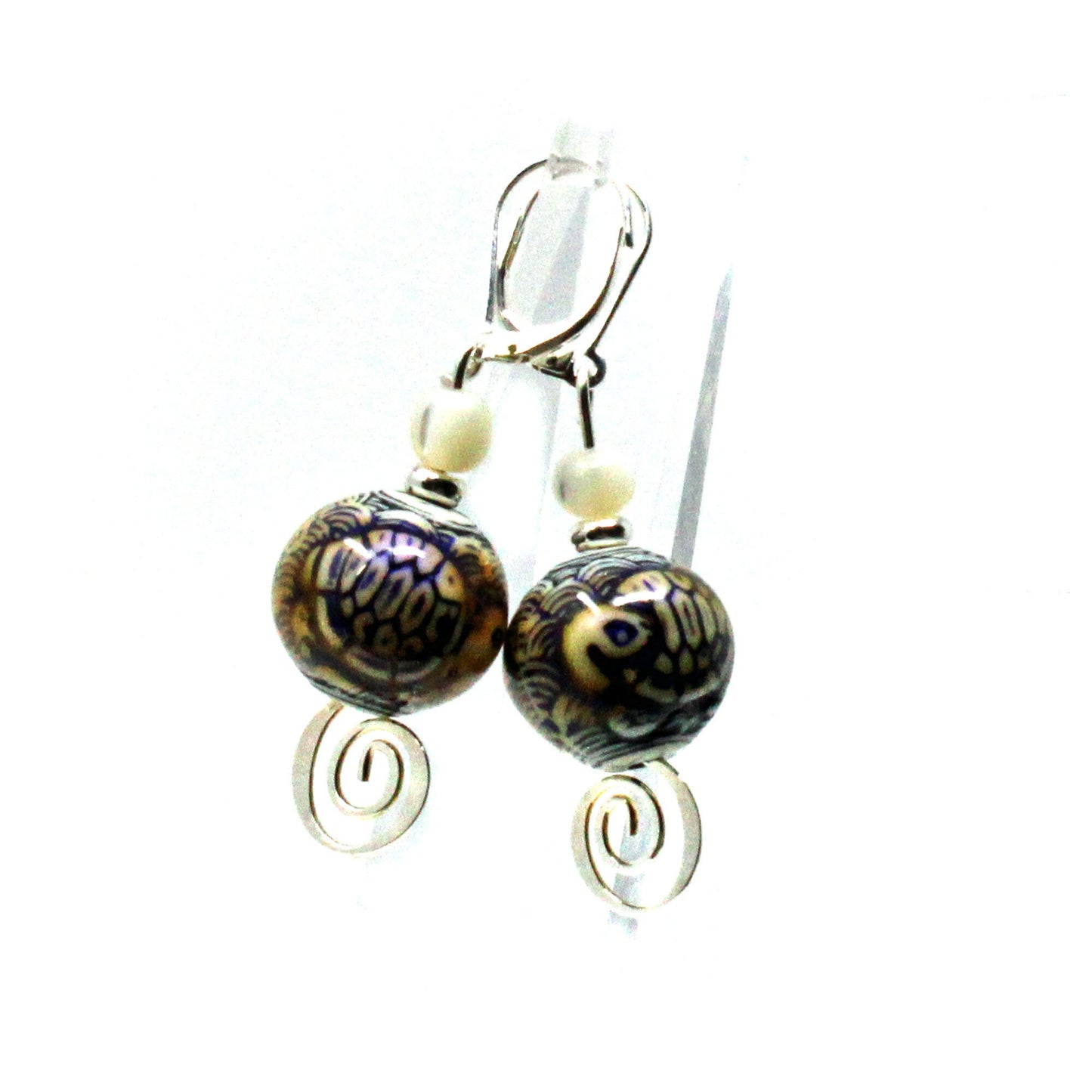 TURTLE EARRINGS - Tortoise Motif color change jewelry, Silver Swirl Dangle, Mother of Pearl Topper Bead, Magic Dangle Earrings